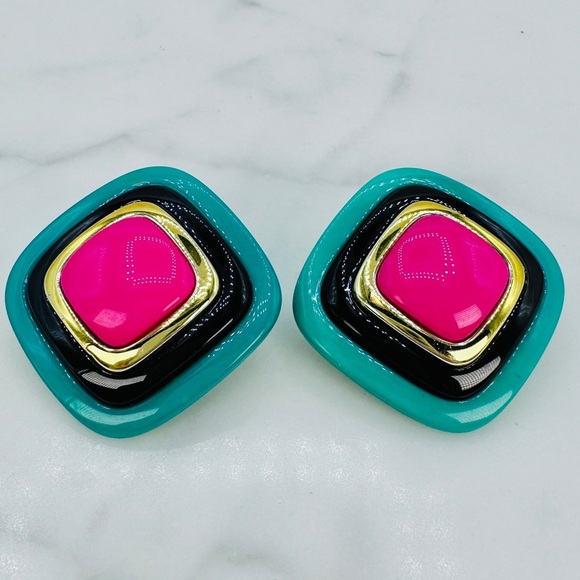 80s Vintage Clip On Earrings Modern Glam Bright Teal Hot Pink Black Gold Funky - Picture 6 of 8